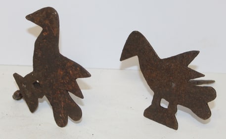Pair of unusual iron utensil hooks w bird motif - 5" & 4 1/2"