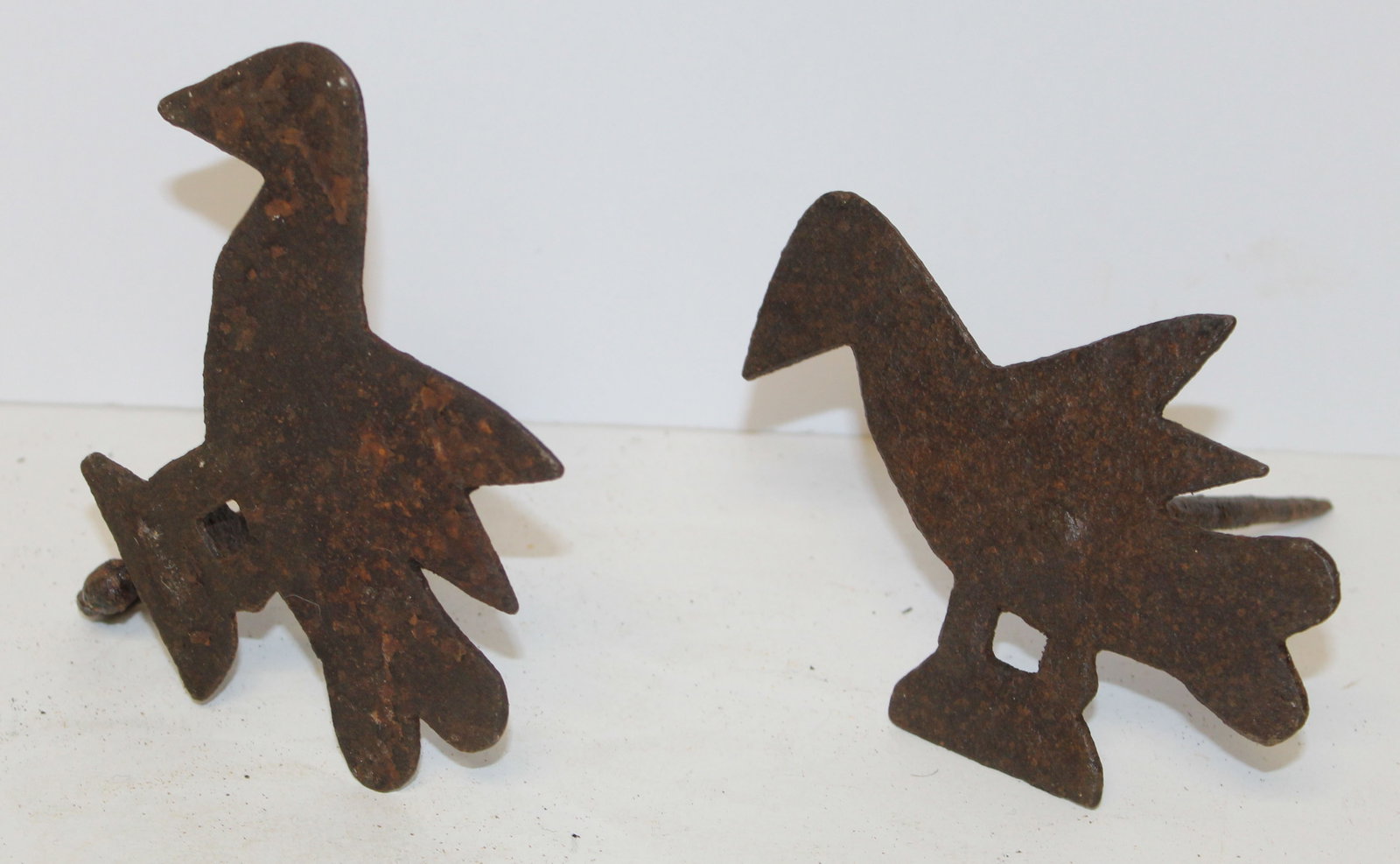 Pair of unusual iron utensil hooks w bird motif - 5" & 4 1/2": Pair of unusual iron utensil hooks w bird motif - 5" & 4 1/2"