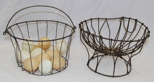 Lot of 2 wire egg baskets - 1 w plastic eggs - 5"x8" & 6"x9"