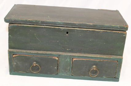 Wooden painted 2 drawer miniature lift top chest w till in green paint - 6" tall x 11" wide x 6"