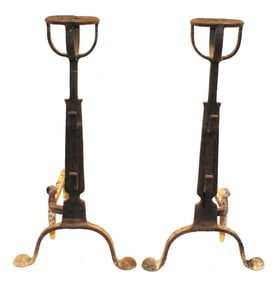 Pair of antique iron andirons w spit holders - 26" tall x 22" deep