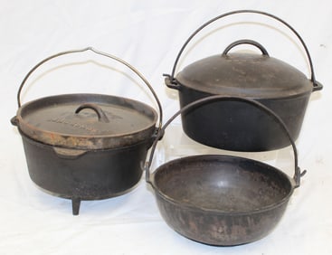 Lot of 3 cast iron pots - 2 w lids - 10" - 12" diam