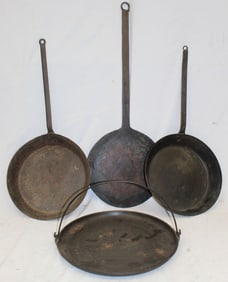 Lot of 4 cast iron skillets - 3 w long handles & 1 w bail handle - 11"x23", 10"x27", 11"x21" & 13"