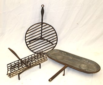 Lot of 3 iron cookware items incl 2 rotating toasters & a drip pan -  15"x16", 20" x 13" diam &