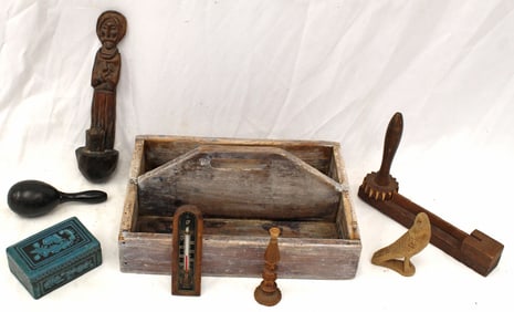 Wood utility box w misc carved wooden items - 5"x12"x 8 1/2" box