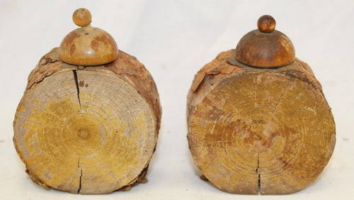 Lot of 2 vintage wooden carved salt & pepper shakers - 3 1/2" tall