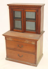 Vintage child size stepback cupboard w 2 glass cupboard doors over two drawers - 30" tall x 20" wide