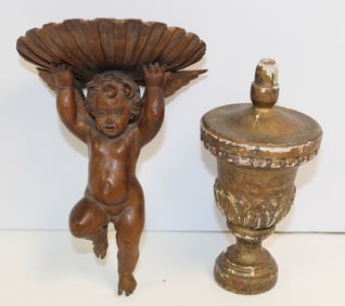Lot of 2 carved wooden items incl finial and cherub form wall shelf - 6 1/2" & 7" tall