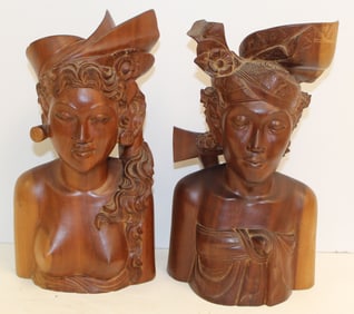 Pr of wooden carved Bali figural sculptures - 12" tall