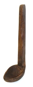 Interesting wooden strainer ladle w abruptly mounted handle - 15" long x 6"