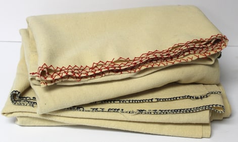 Lot of 2 antique wool blankets - cream w red thread sewn border - w sewn initials EWS - 70"x88" &