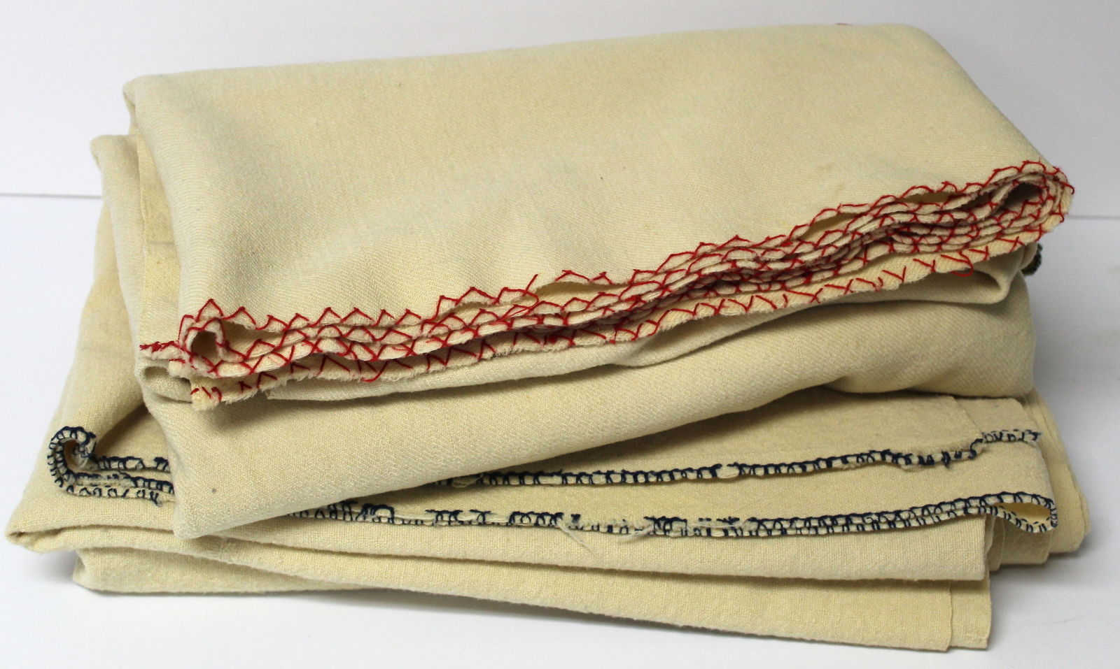 Lot of 2 antique wool blankets - cream w red thread sewn border - w sewn initials EWS - 70"x88" & (1 of 5)