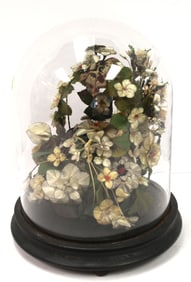 Garden glass display cloche on wooden base w silk floral arrangement - 12" tall x 9" diam