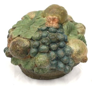 Cement painted garden basket w fruits & leaves - 8" tall x 9" diam