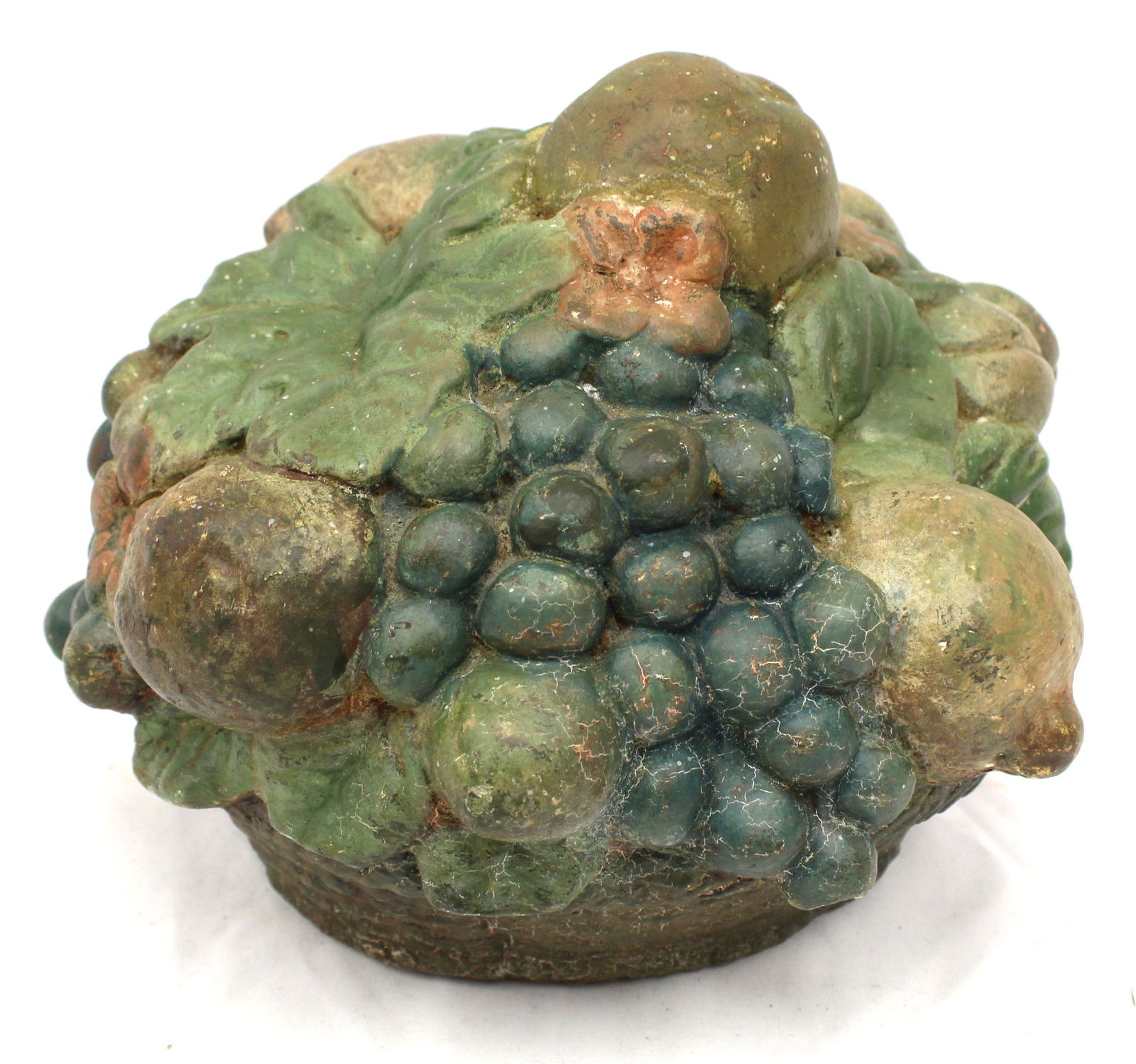 Cement painted garden basket w fruits & leaves - 8" tall x 9" diam (1 of 5)