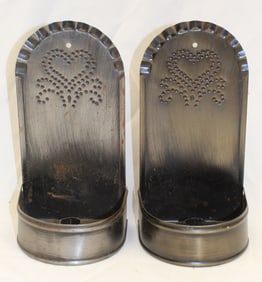 Pair of antique style punched tin heart motif candle sconces - 9 1/2" tall x 4 3/4" wide