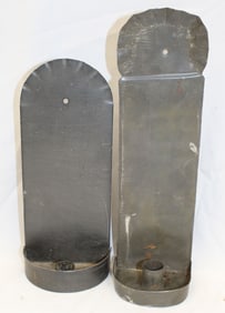 Lot of 2 punched tin & crimped top candle sconces - 10 1/2" & 13" tall