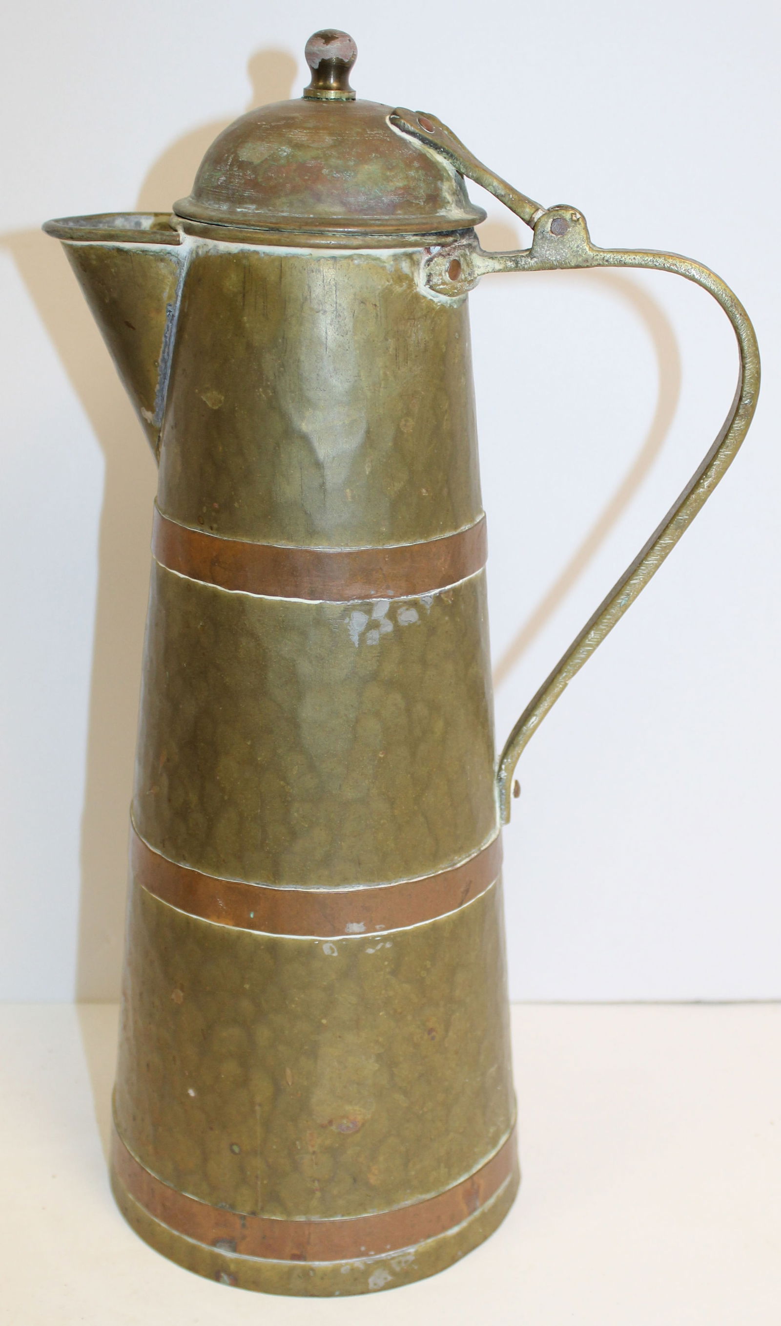 Antique dovetailed brass flagon w copper banding - 12" tall (1 of 6)