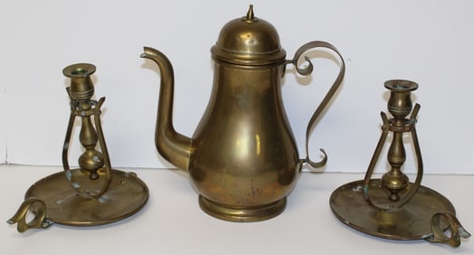 Lot of 3 pcs of antique brass incl teapot & pair pf ship's candlesticks - 9 1/2" & 7" tall