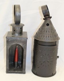 Lot of 2 antique style punched tin lanterns - 14 1/2" & 15" tall