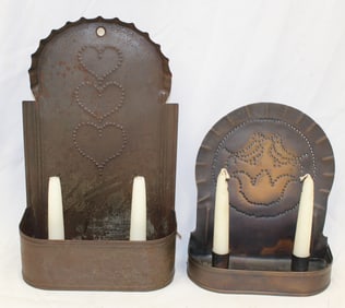 Lot of 2 antique style double candle punched tin wall sconces - 1 w heart motif & 1 w love birds -