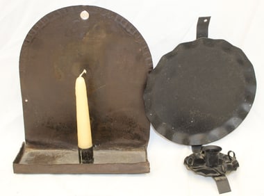 Lot of 2 antique style tin candle wall sconces - 10 1/2"x8" & 10" diam