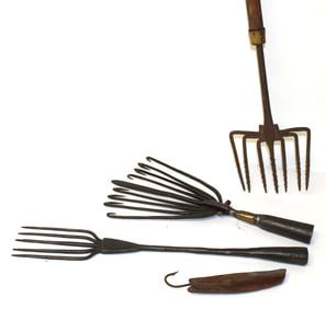 Lot of 4 iron eel spears - 2 w wooden handles - smallest is 15" & largest is 65"