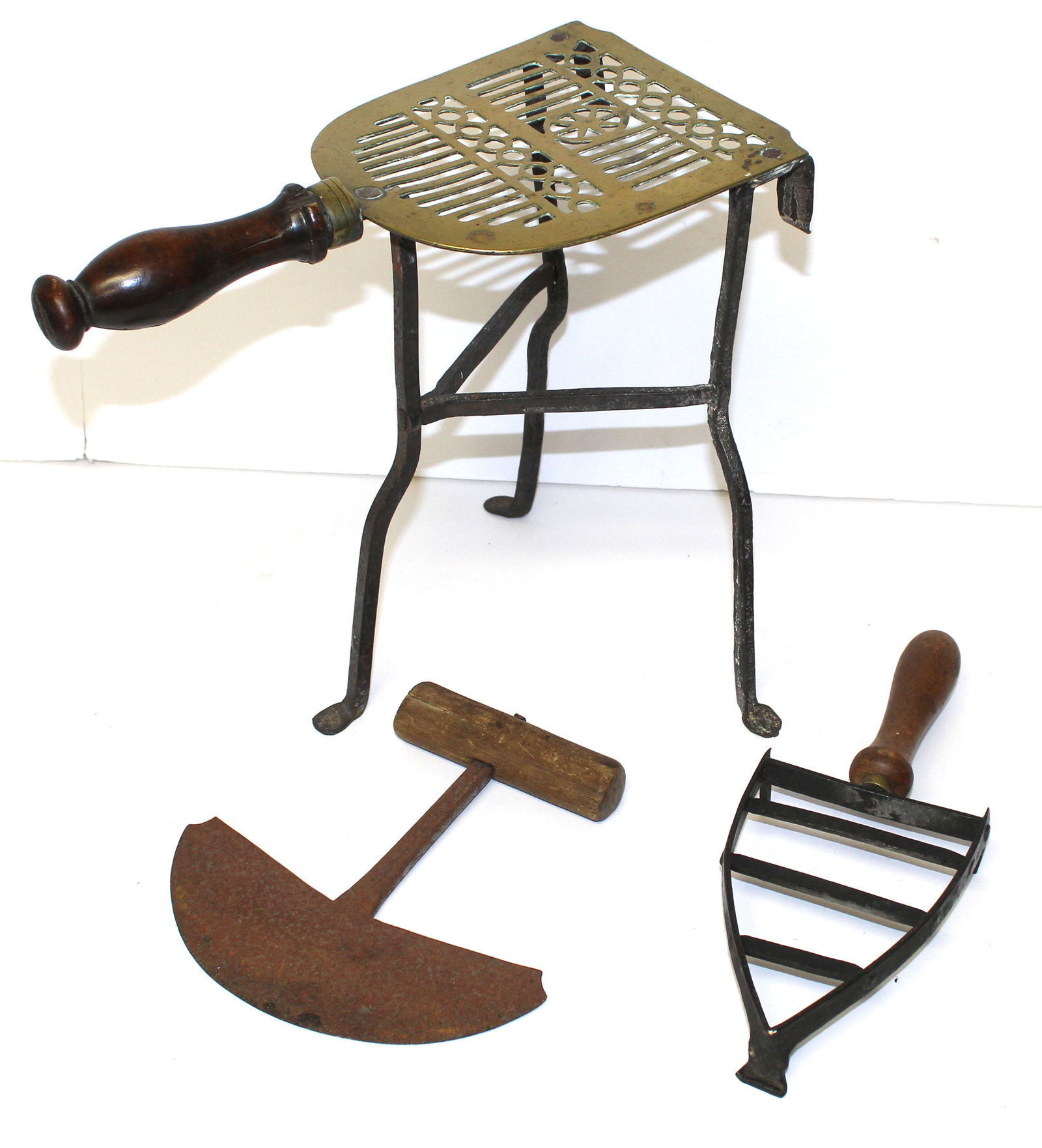 Lot of 3 cookware/fireplace items incl chopper, brass trivet 11"x12" & iron trivet (1 of 4)