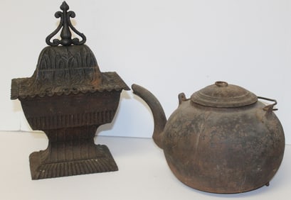 Cast iron covered urn & kettle - urn is 13" tall