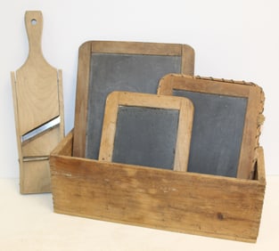 wooden box w 3 chalkboards - box is 4 1/2" tall x 13"x4 1/2" - Chalkboards are 8"x6" - 8"x10.5"