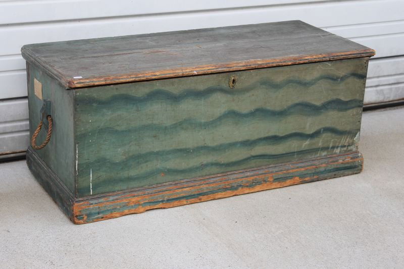 19thC blanket chest w till & becket handles in old blue Feb 23, 2013