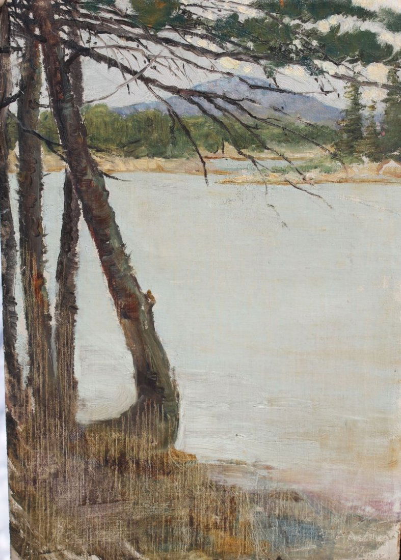 Edwin Austin Abbey (1852-1911) 14 1/4" x 10" o/c impres: Edwin Austin Abbey (1852-1911) 14 1/4" x 10" o/c impressionist lake & landscape dated 1897 (no frame or stretcher)