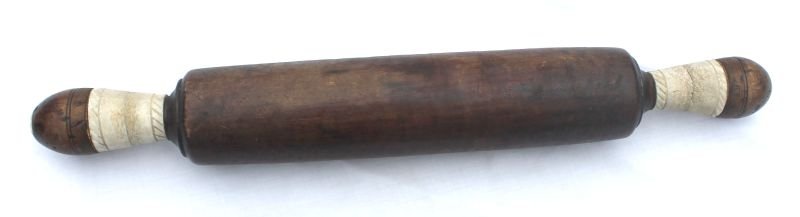 Sailor made antique rosewood rolling pin w whale bone s: Sailor made antique rosewood rolling pin w whale bone scrimshawed dec handles - 15 3/4" long