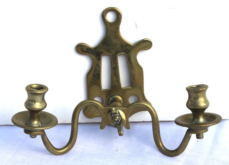 small & unusual period QA ca 1750 probably English 2 ar: small & unusual period QA ca 1750 probably English 2 armed brass wall sconce (possibly a traveling model) - 6" tall x 8 1/4" wide