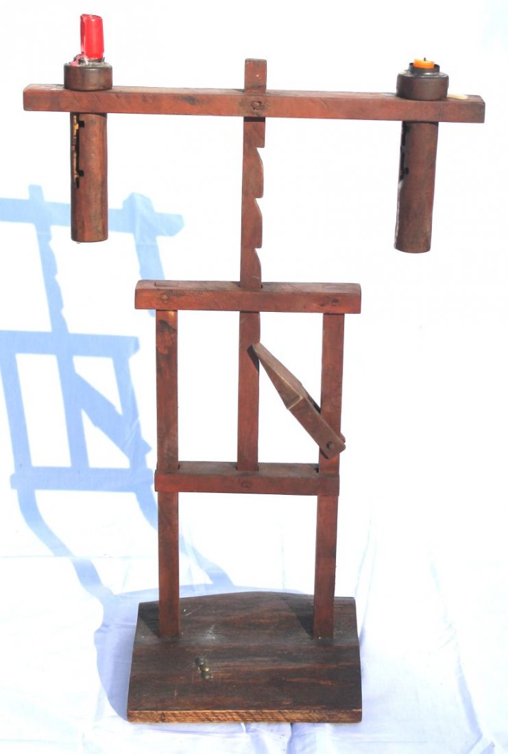 fine 18thC/19thC wooden carved adjustable wratchet ligh: fine 18thC/19thC wooden carved adjustable wratchet lighting device w 2 candle sockets - 29" tall