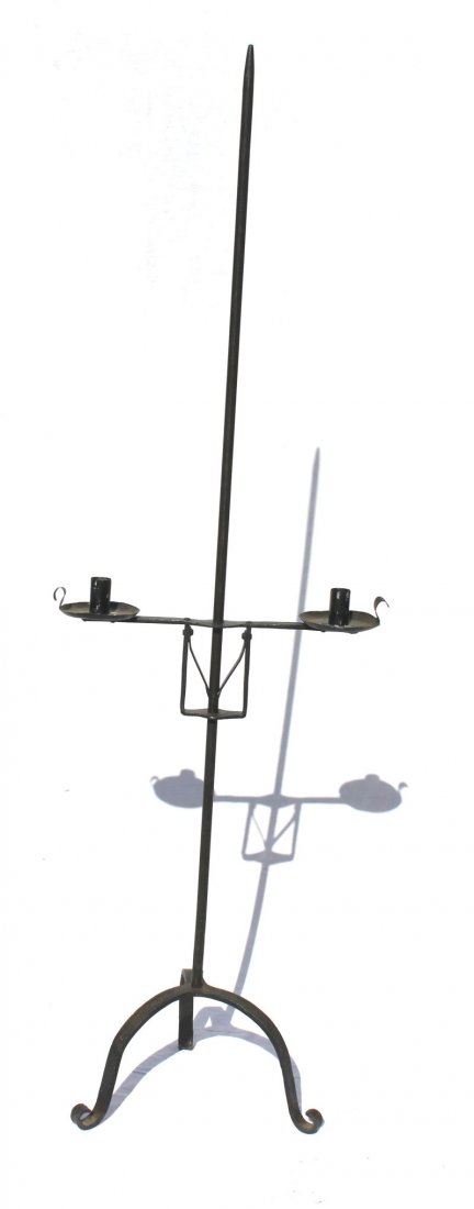 late 18th/early 19thC floor standing wrought iron candl: late 18th/early 19thC floor standing wrought iron candle holder - 51" tall