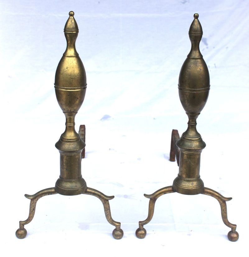 fine pr of ca 1790 double lemon top brass andirons w sp: fine pr of ca 1790 double lemon top brass andirons w spurred legs & ball feet from either NY or Boston (this form was made in both places) - 17" tall