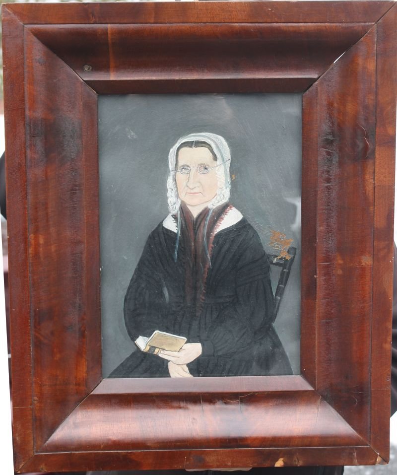 attrib Jacob Bailey Moore (1815-1893) Prior Hamblin Sch: attrib Jacob Bailey Moore (1815-1893) Prior Hamblin School 14"x10 1/4" o/bd portrait of an elderly lady sitting in bamboo turned wooden chair in vintage ogee frame - Museum of Fine Arts Boston tempora