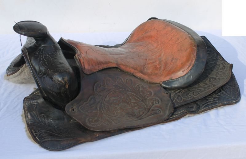 antique ca turn of the century hand tooled leather chil: antique ca turn of the century hand tooled leather child-size saddle