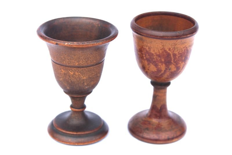 2 19thC wooden egg cups - probably by Pease (Ohio 1860-: 2 19thC wooden egg cups - probably by Pease (Ohio 1860-1890) - 1 w paint dec - 3" tall
