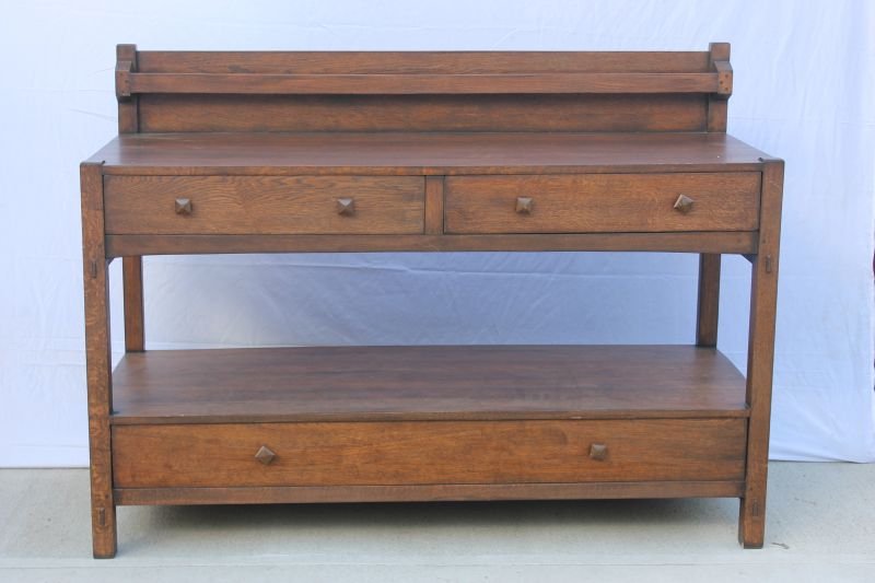 fine quality Mission Oak L&JG Stickley style 2 drawer s: fine quality Mission Oak L&JG Stickley style 2 drawer sideboard w plate rail splash & lower tier - 60" long x 43" tall x 24" deep