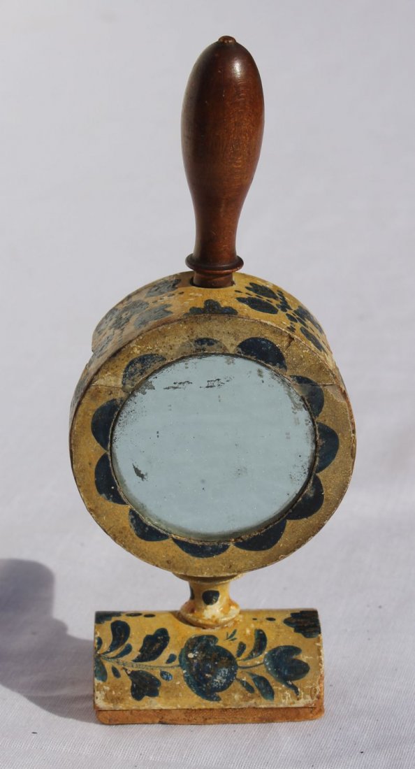 ca 1830 PA pin cushion/sewing table clamp in orig paint: ca 1830 PA pin cushion/sewing table clamp in orig paint & decoration w mirror (missing cushion) - 6" tall x 2 1/2" wide
