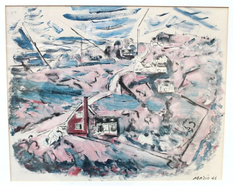 John Marin dated 1946 print - 17"x21" sight size villag: John Marin dated 1946 print - 17"x21" sight size village scene - framed & matted