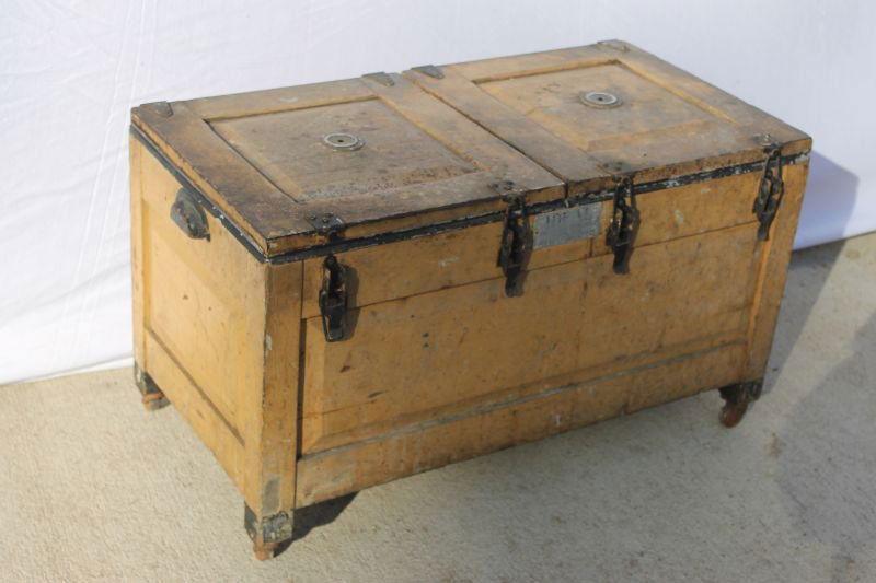 "Ideal" wooden double lift-top cooker in orig yellow oc: "Ideal" wooden double lift-top cooker in orig yellow ochre paint & raised panel construction - tin lined - by the Toledo Cooker Co dated 1914 29"long x 15" deep x 17" tall
