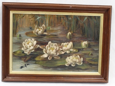 oil on canvas of pond lilies - unsigned - overall framed size 16"x21 1/2"