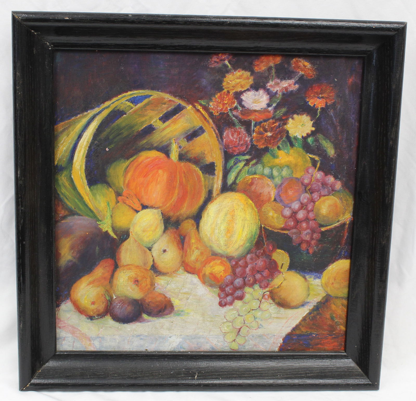 oil on board autumn still life with pumpkin, fruit & flowers - unsigned - overall framed size 21 (1 of 5)