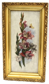 Signed Westcott oil on board still life w gladiolas & a butterfly - overall framed size 18 1/4"x10