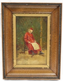 Signed Chas A. Owen oil on board of a sleeping cardinal - overall framed size 8 1/2"x6 1/2"