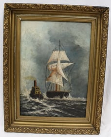 Oil on canvas of a clipper ship on stormy scenes - unsigned - overall framed size 17"x23 1/2"