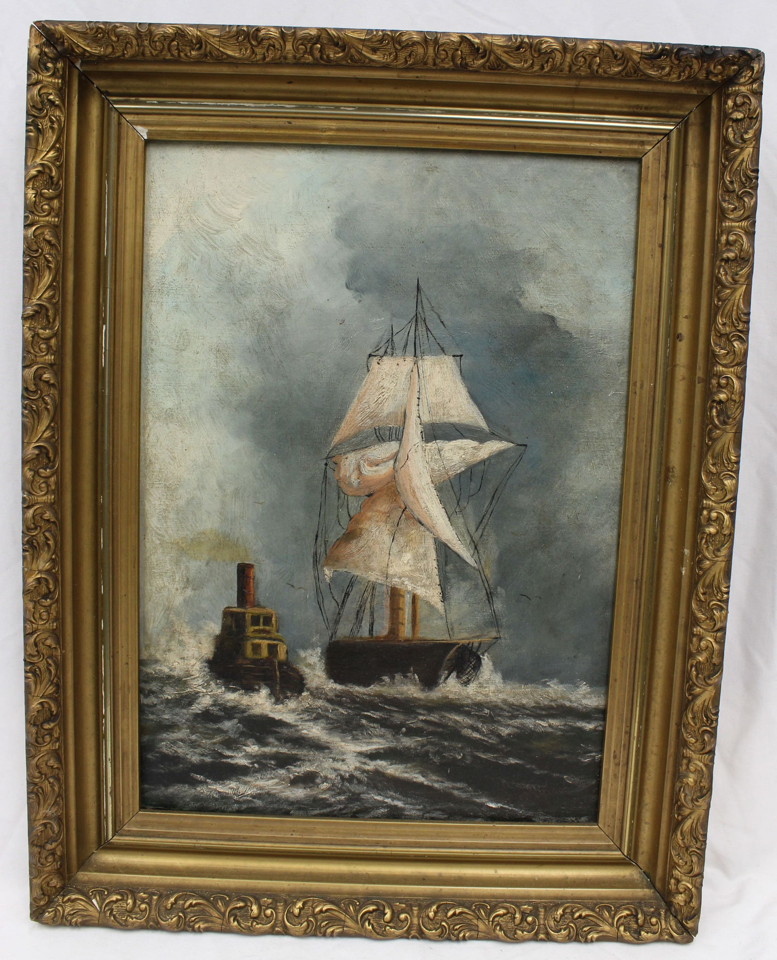 Oil on canvas of a clipper ship on stormy scenes - unsigned - overall framed size 17"x23 1/2": Oil on canvas of a clipper ship on stormy scenes - unsigned - overall framed size 17"x23 1/2"